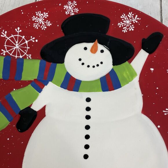 St Nicholas Square Jolly Snowman Round 11” Platter Snowflakes Red White - Picture 2 of 5
